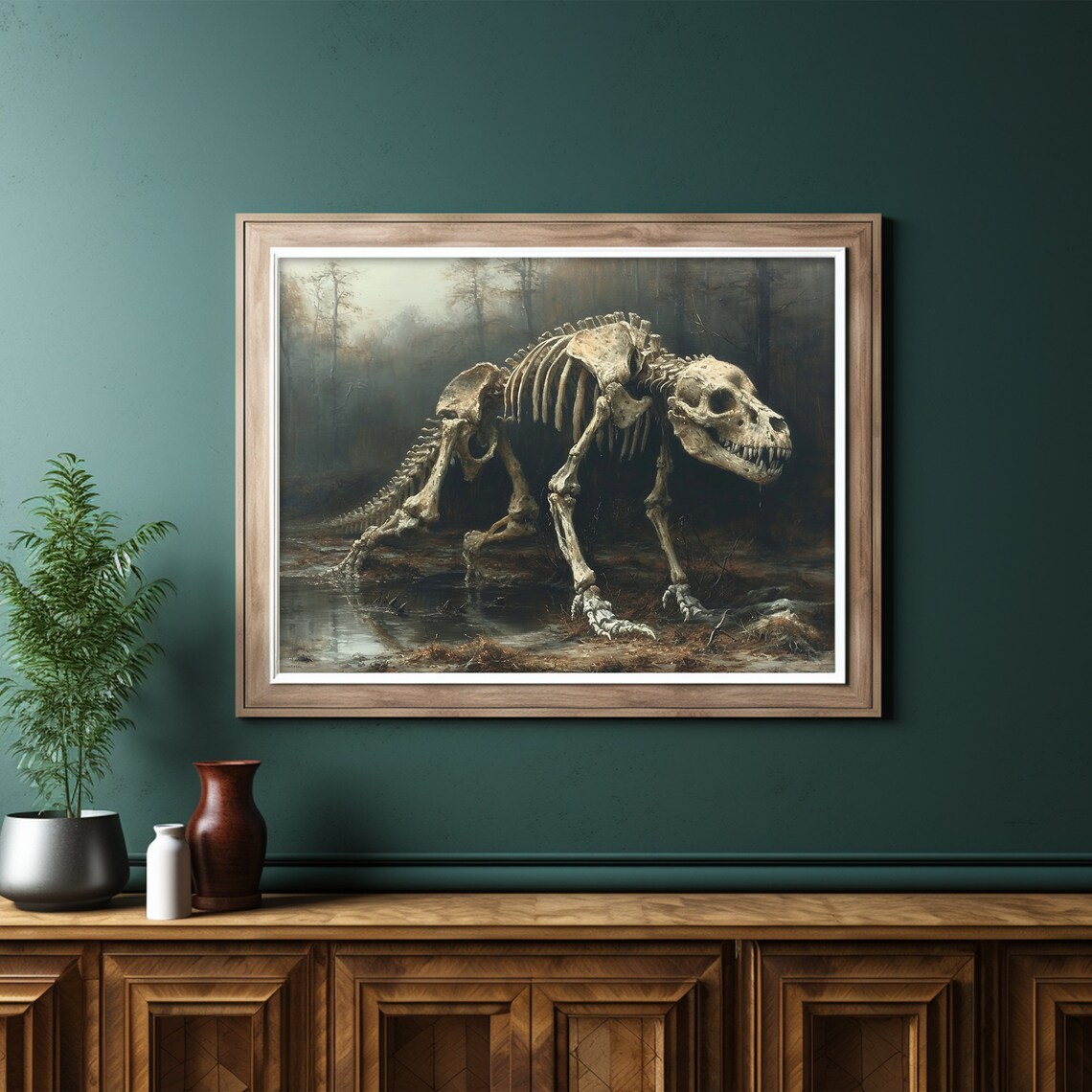 Dinosaur Skeleton Foggy Forest Prehistoric Dark Moody Painting Poster - Image 6