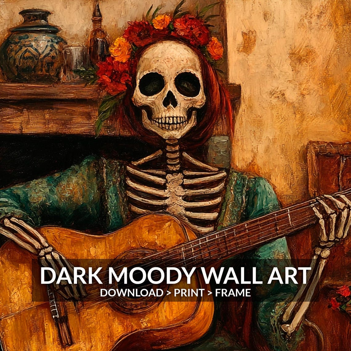 Day of the Dead Skeleton Woman Guitar Fireside Moody Wall Poster - Image 6