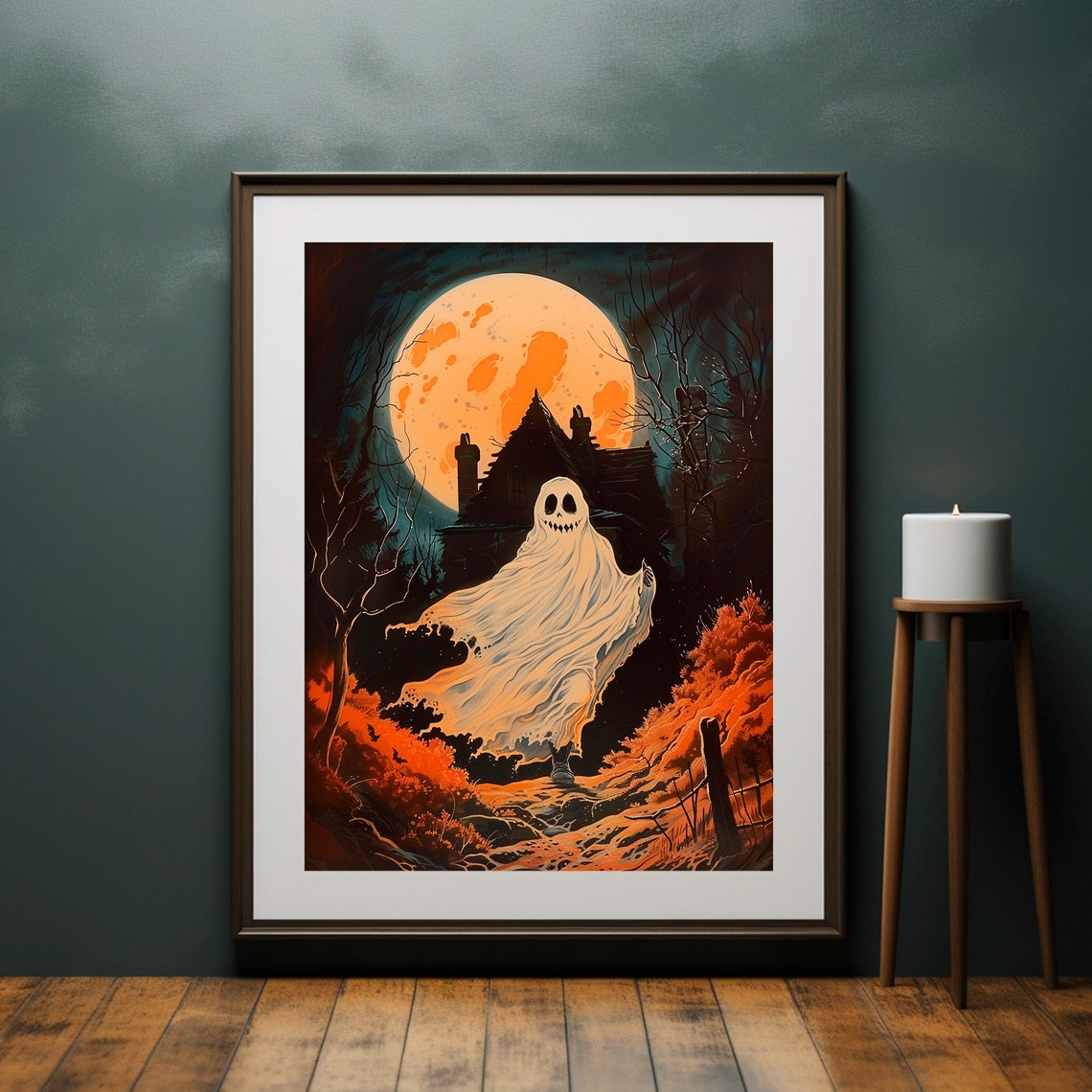 Halloween Ghost Haunted House Giant Moon Spooky Orange Night Poster - Image 4