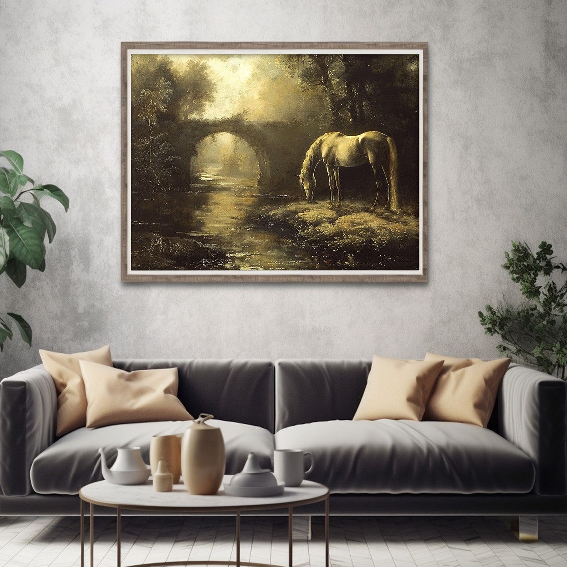 White Horse Drinking Stream Stone Bridge Moody Forest Poster - Image 4