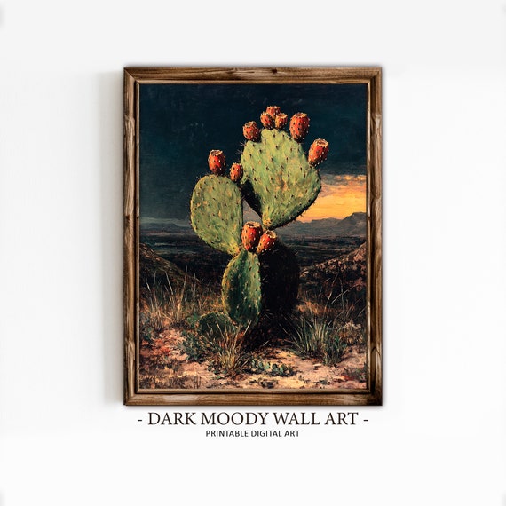 Southwest Wall Art Prickly Pear Cactus Print Mexican Wall Art Desert Wall Art Wild West Art Print Moody Landscape Painting