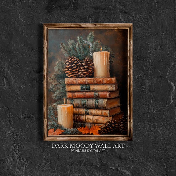 Rustic Fall Decor Wall Art Stacked Books Art Moody Wall Art Vintage Autumn Art Oil Painting Dark Academia Thanksgiving Decor