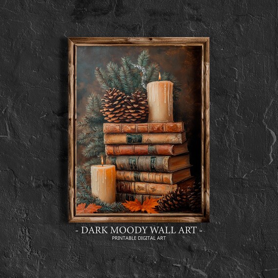 Vintage Books Candles Pine Branches Cozy Winter Still Life Poster