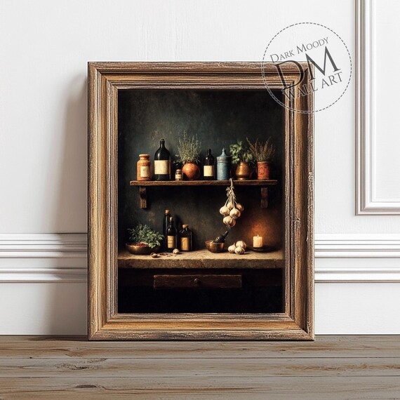 Rustic Pantry Shelf With Herbs Garlic And Bottles Dark Moody Poster