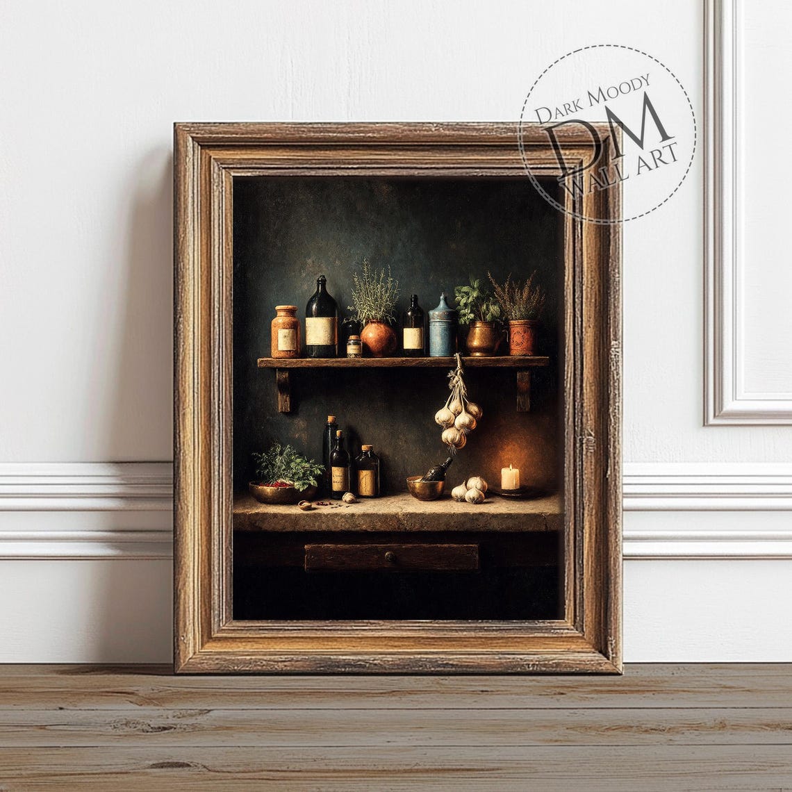Rustic Pantry Shelf With Herbs Garlic And Bottles Dark Moody Poster