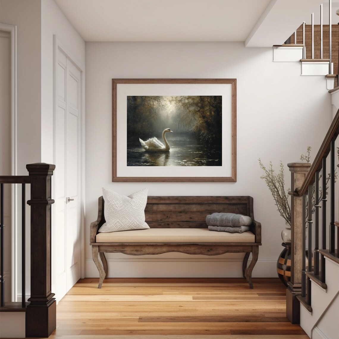 White Swan Art Print, Moody Rustic Landscape - Image 5