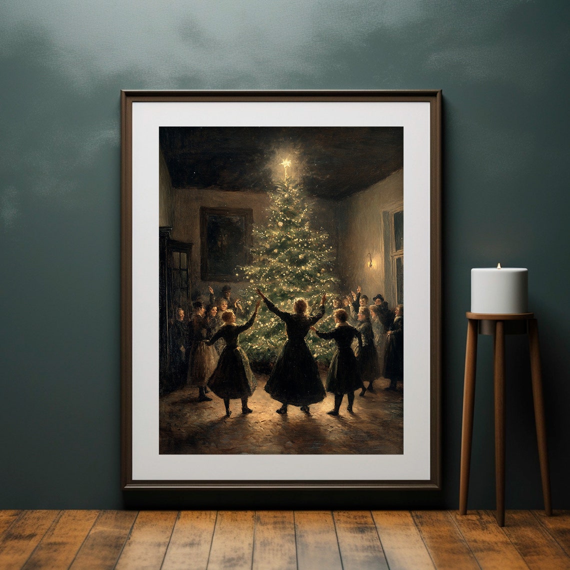 Vintage Family Dancing Around Christmas Tree Old Fashioned Art Poster - Image 2