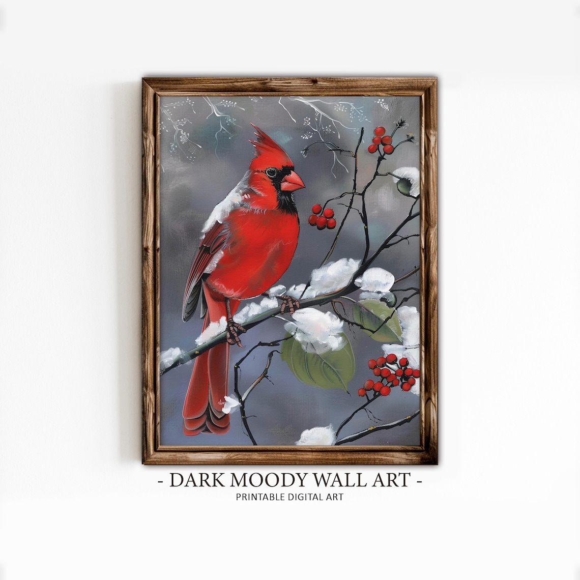 Red Cardinal Snow Winter Painting Red Berries Branch Bird Poster