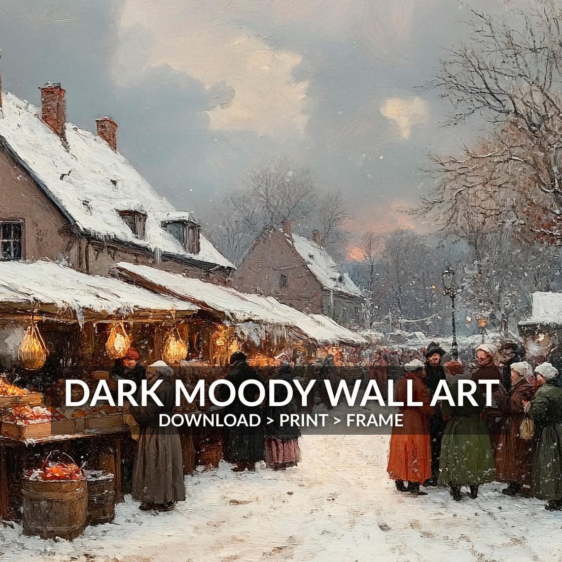 Winter Street Market in Snow With Bustling Stalls Vintage Wall Art - Image 2