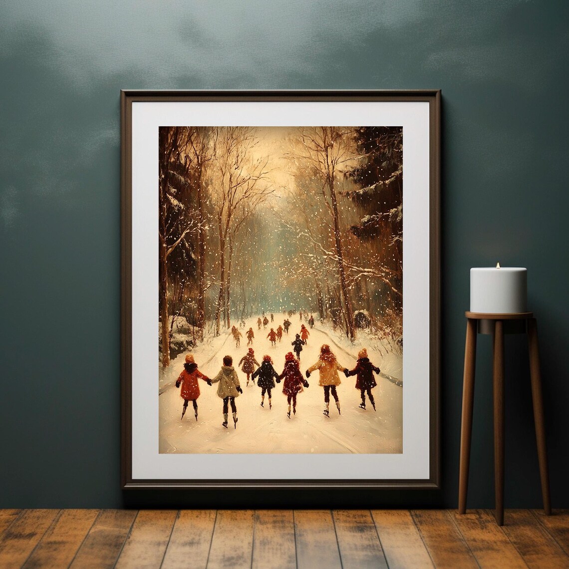Children Ice Skating On Frozen Forest Pond Winter Painting Wall Art - Image 2