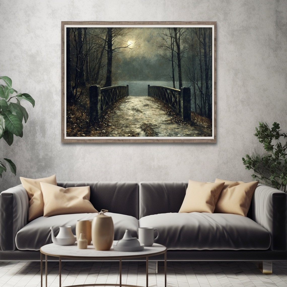 Moody Park Alley Print Dark Forest Print Lake Painting Moonlight Landscape Prints Rustic Wall Decor - Image 4