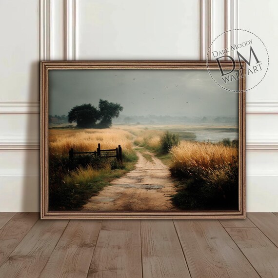 Misty Country Road Golden Wheat Field Fence Quiet Morning Wall Art
