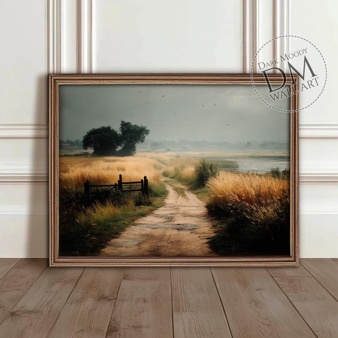 Misty Country Road Golden Wheat Field Fence Quiet Morning Wall Art