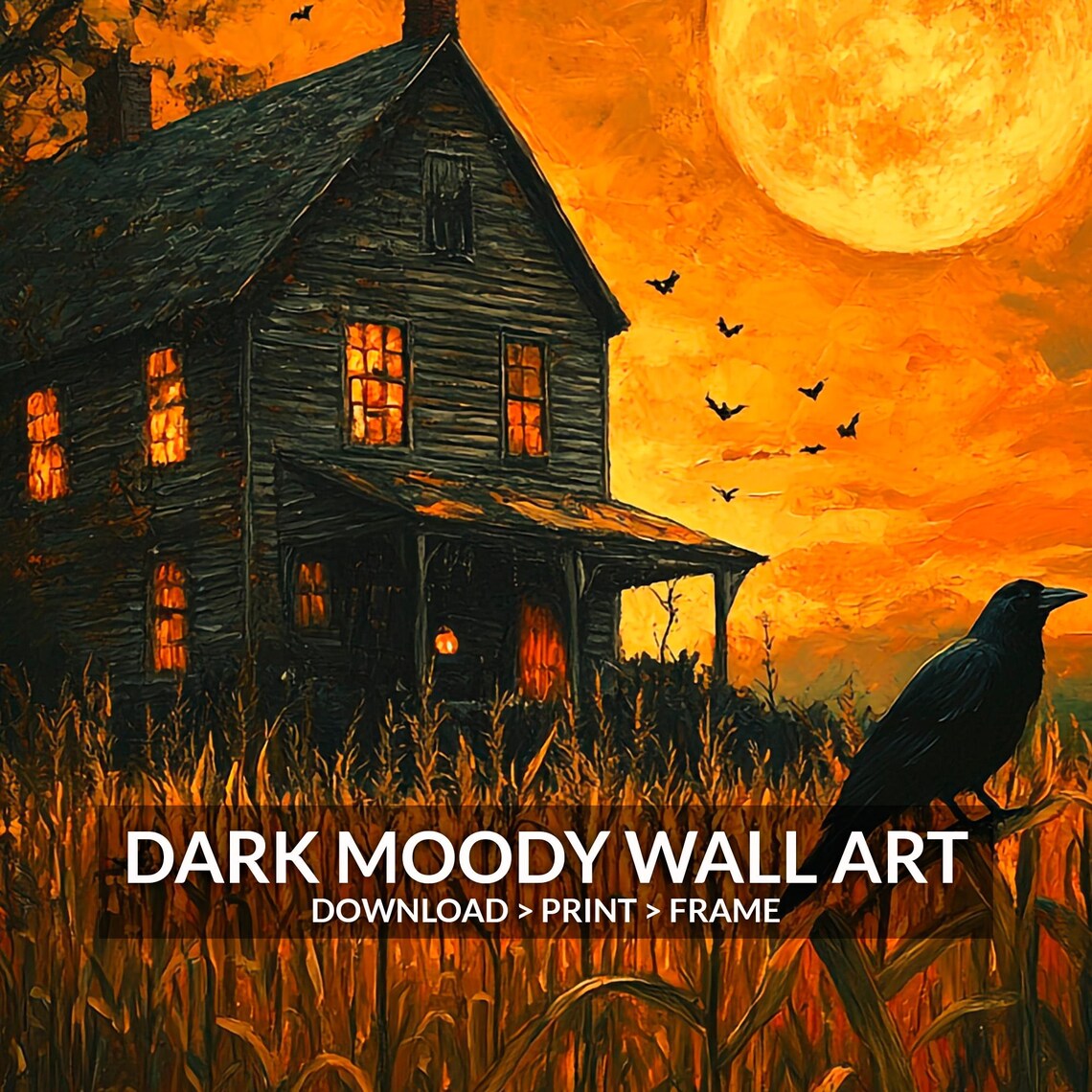 Haunted House in Cornfield With Crow Under Giant Full Moon Halloween Poster - Image 6