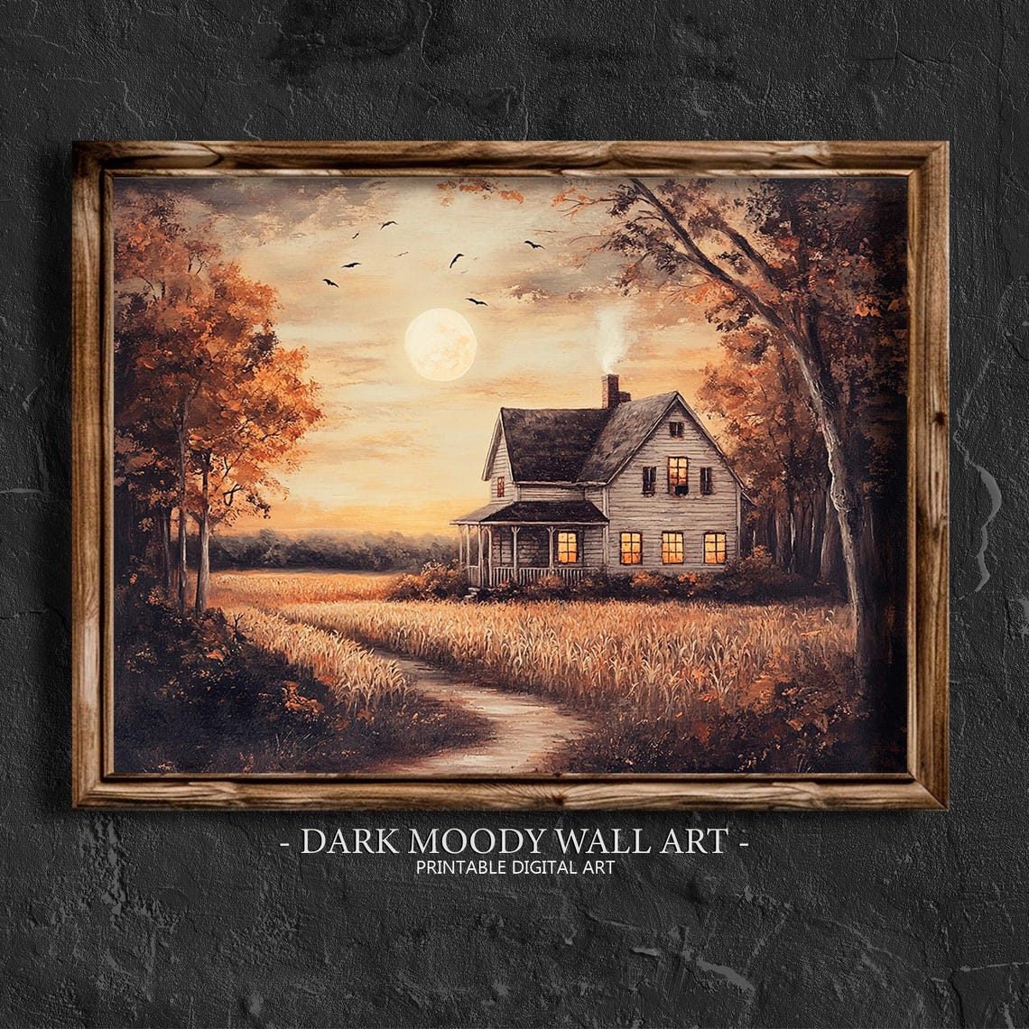 Country Farmhouse Full Moon Birds Wheat Field Glowing Windows Poster