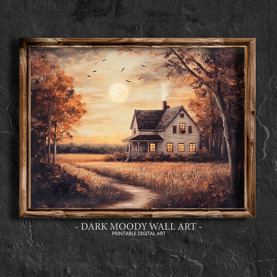 Country Farmhouse Full Moon Birds Wheat Field Glowing Windows Poster