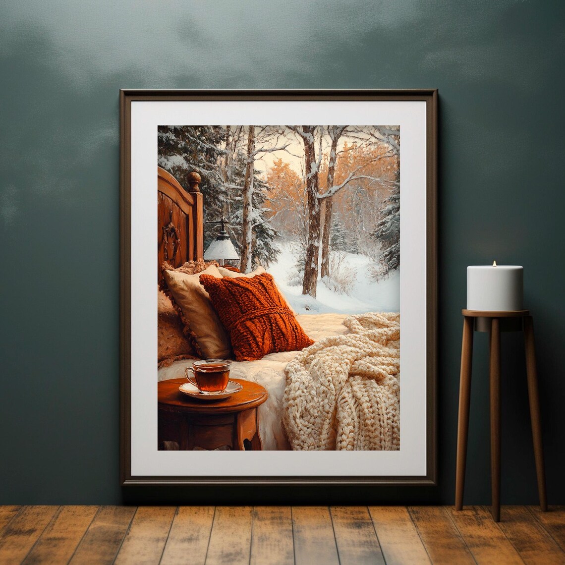 Cozy Winter Bedroom Tea Cup Knit Pillows Snowy Forest View Poster - Image 4
