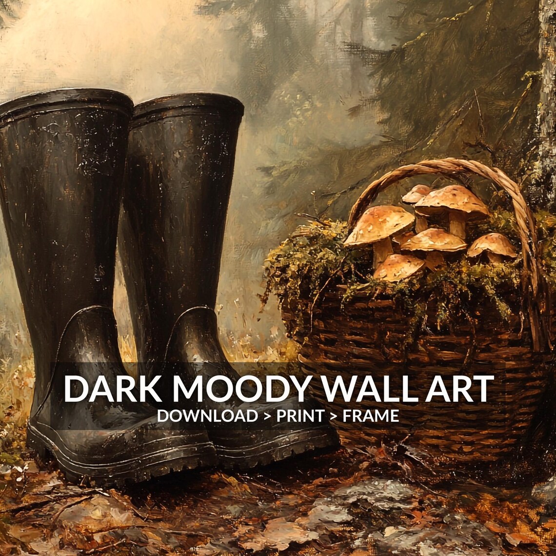Black Rain Boots and Mushroom Basket in Misty Autumn Woods Vintage Poster - Image 3