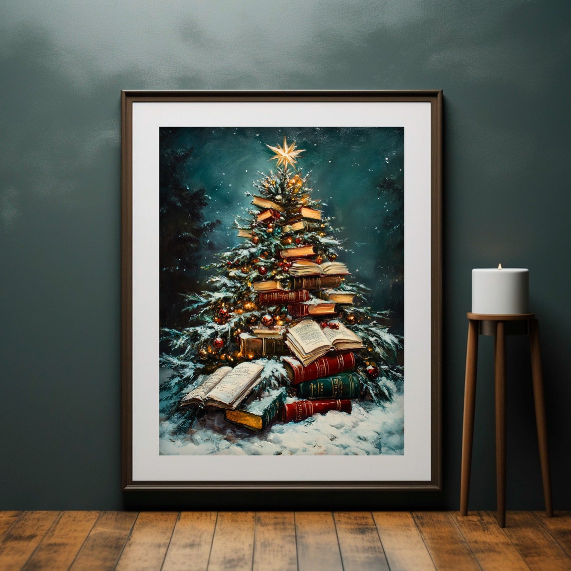 Book Stack Christmas Tree With Star Topper Snowy Night Print - Image 4