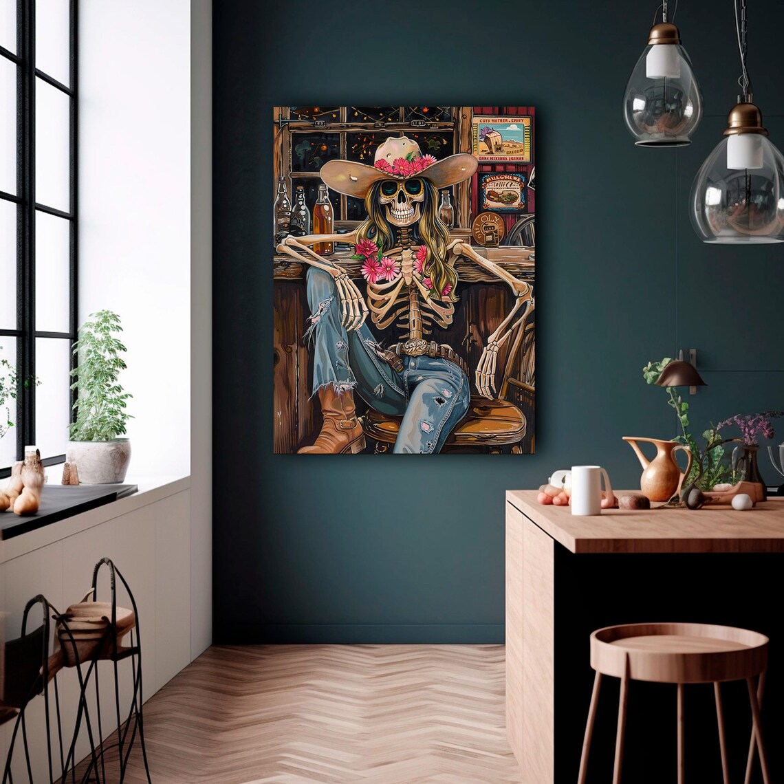 Cowgirl Skeleton Saloon Western Bar Flowers Hat Vintage Art Poster - Image 2