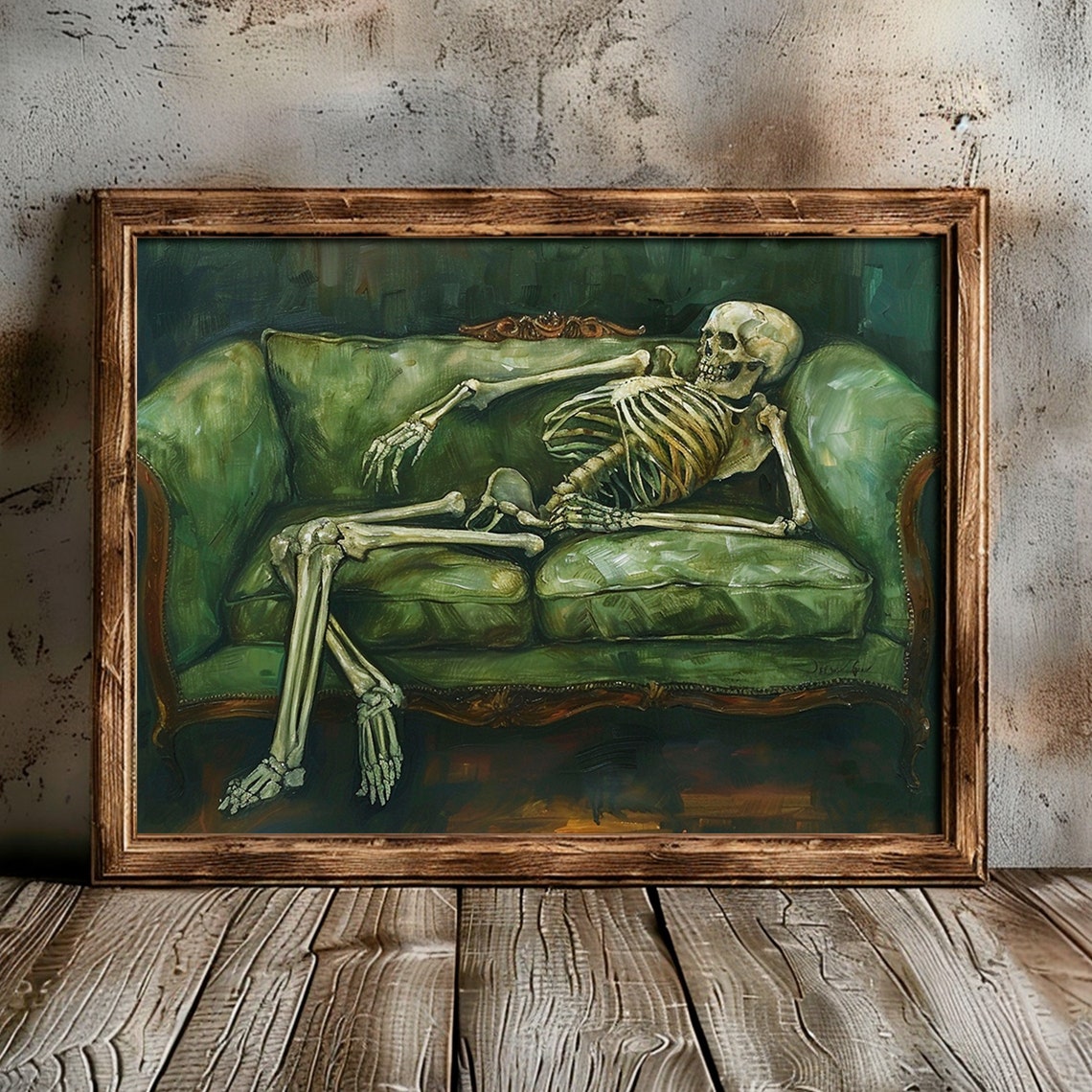 Decadent Skeleton Lounging Green Velvet Sofa Dark Gothic Art Print - Image 4