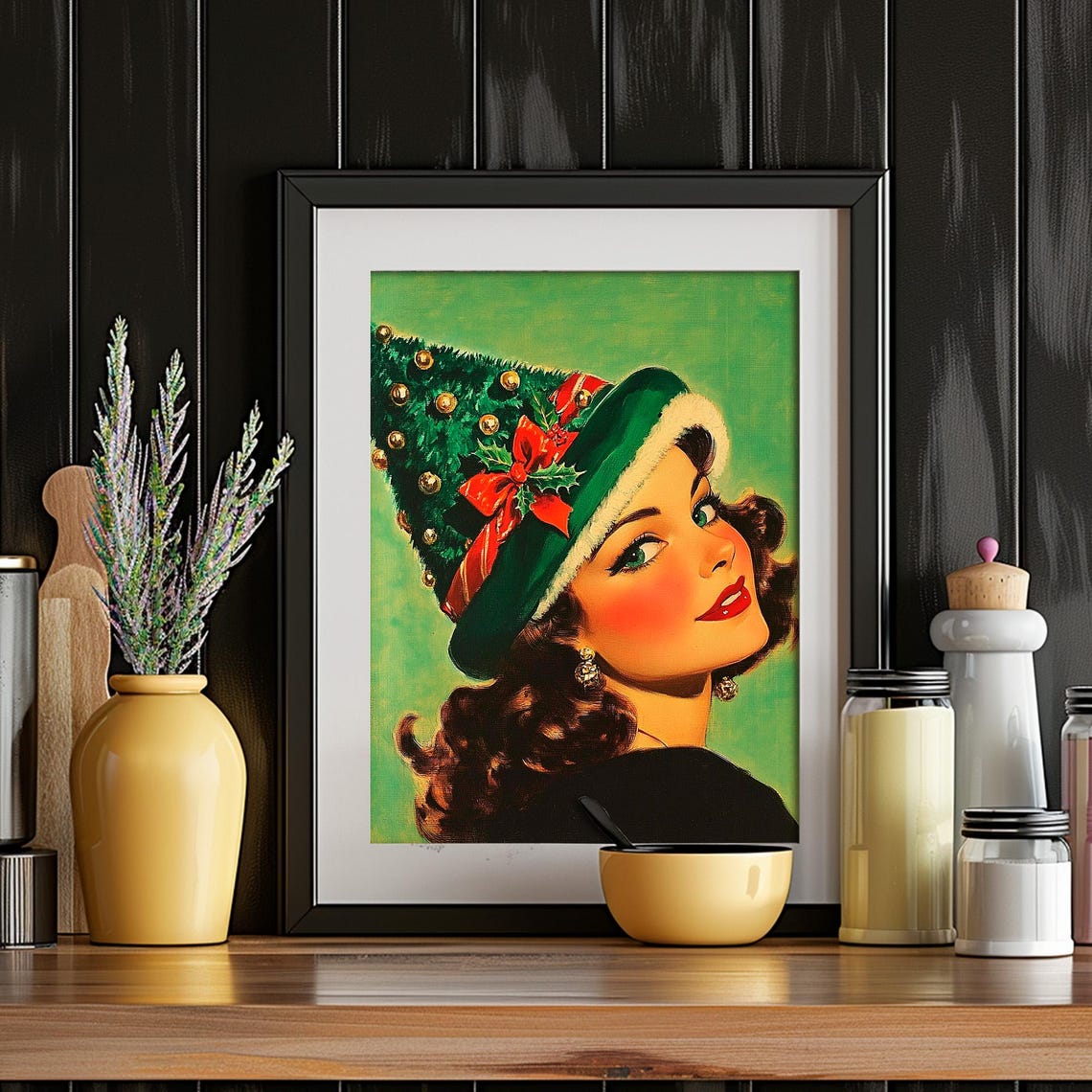 Retro Christmas Pin Up Woman Tree Hat Vintage Art Style Poster - Image 6