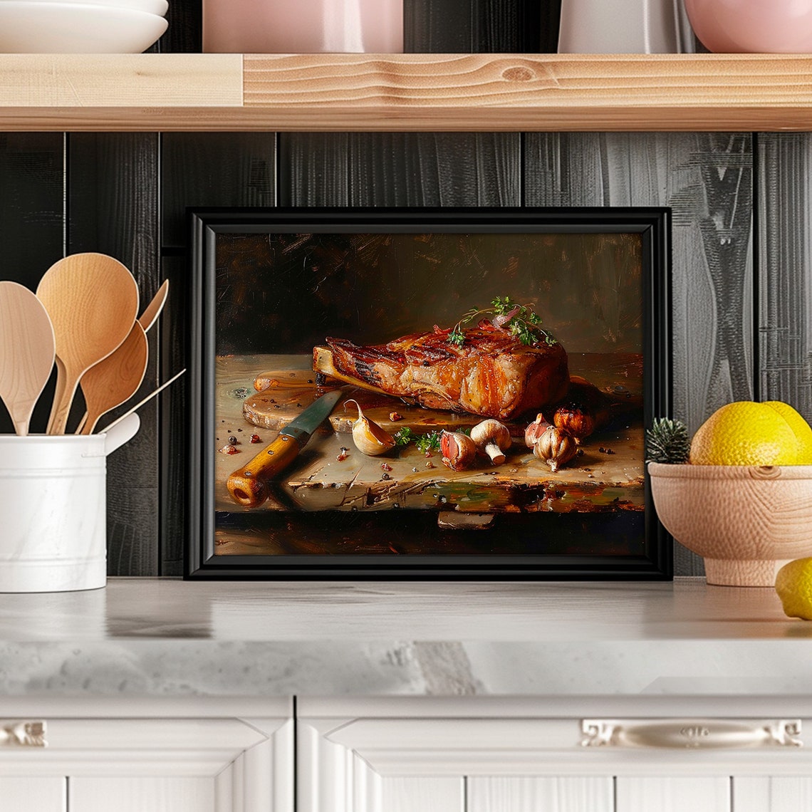 Grilled Tomahawk Steak Garlic Shallots Rustic Kitchen Art Poster - Image 2