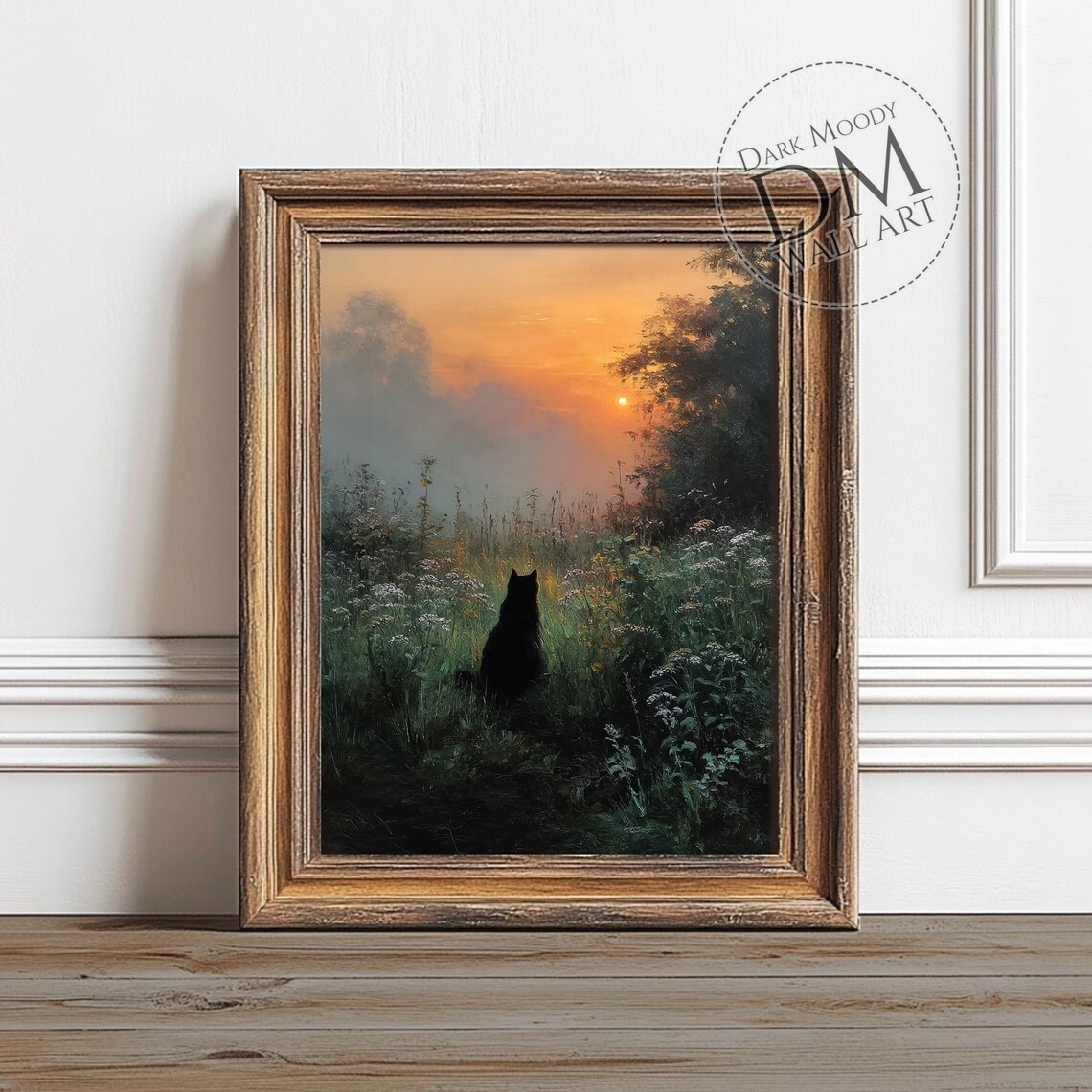 Black Cat At Sunset, Gothic Rustic Landscape Print