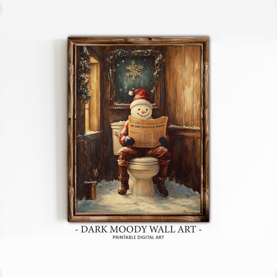 Funny Christmas Snowman Reading Newspaper on Toilet Bathroom Wall Art - Image 2