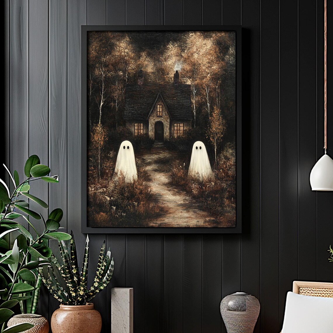 Dark Cottage With Ghosts, Vintage Halloween Art Print - Image 4