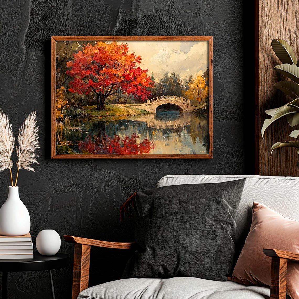 Fall Garden Landscape Prints Autumn Pond Bridge Wall Art Moody Autumn Painting - Image 5