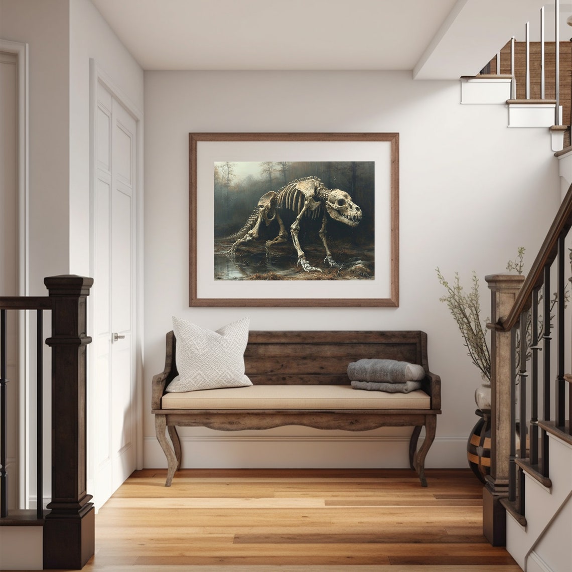 Dinosaur Skeleton Foggy Forest Prehistoric Dark Moody Painting Poster - Image 3