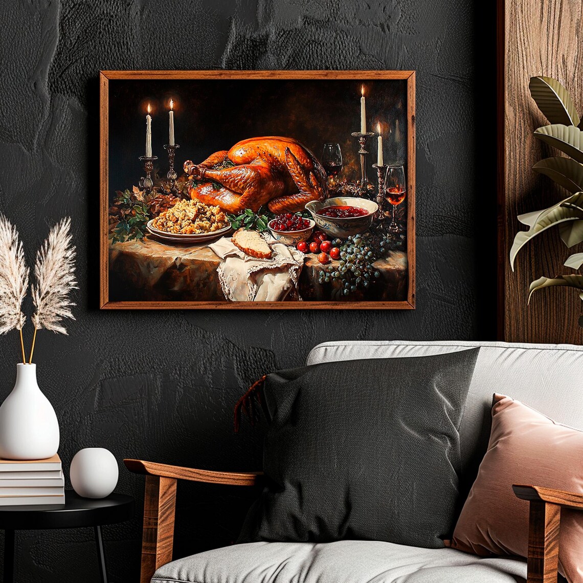 Candlelit Roast Turkey Wine Glasses Thanksgiving Feast Night Art Poster - Image 4