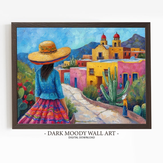 Mexican Village Wall Art Colorful Woman Cactus Scene