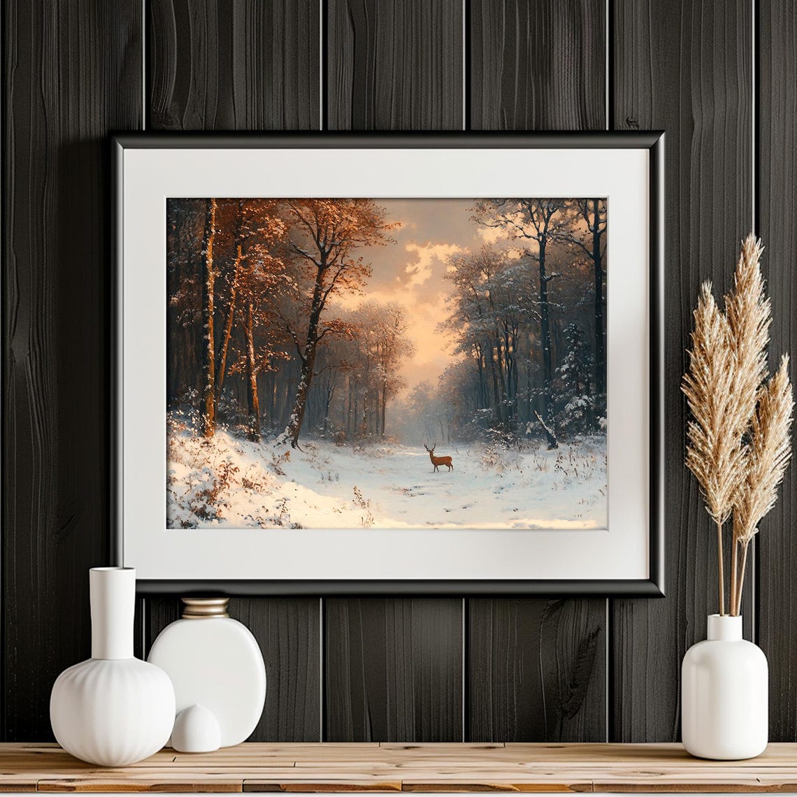 Lone Deer In Snowy Forest Clearing At Golden Dusk Winter Wall Art - Image 4