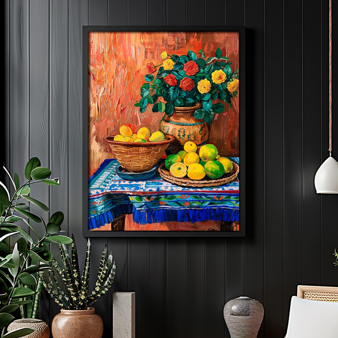 Kitchen Still Life Roses Lemons Limes Clay Vase Colorful Art Poster - Image 2