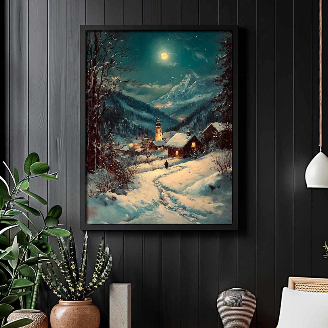 Moonlit Alpine Village With Church in Snowy Mountains Wall Art - Image 5