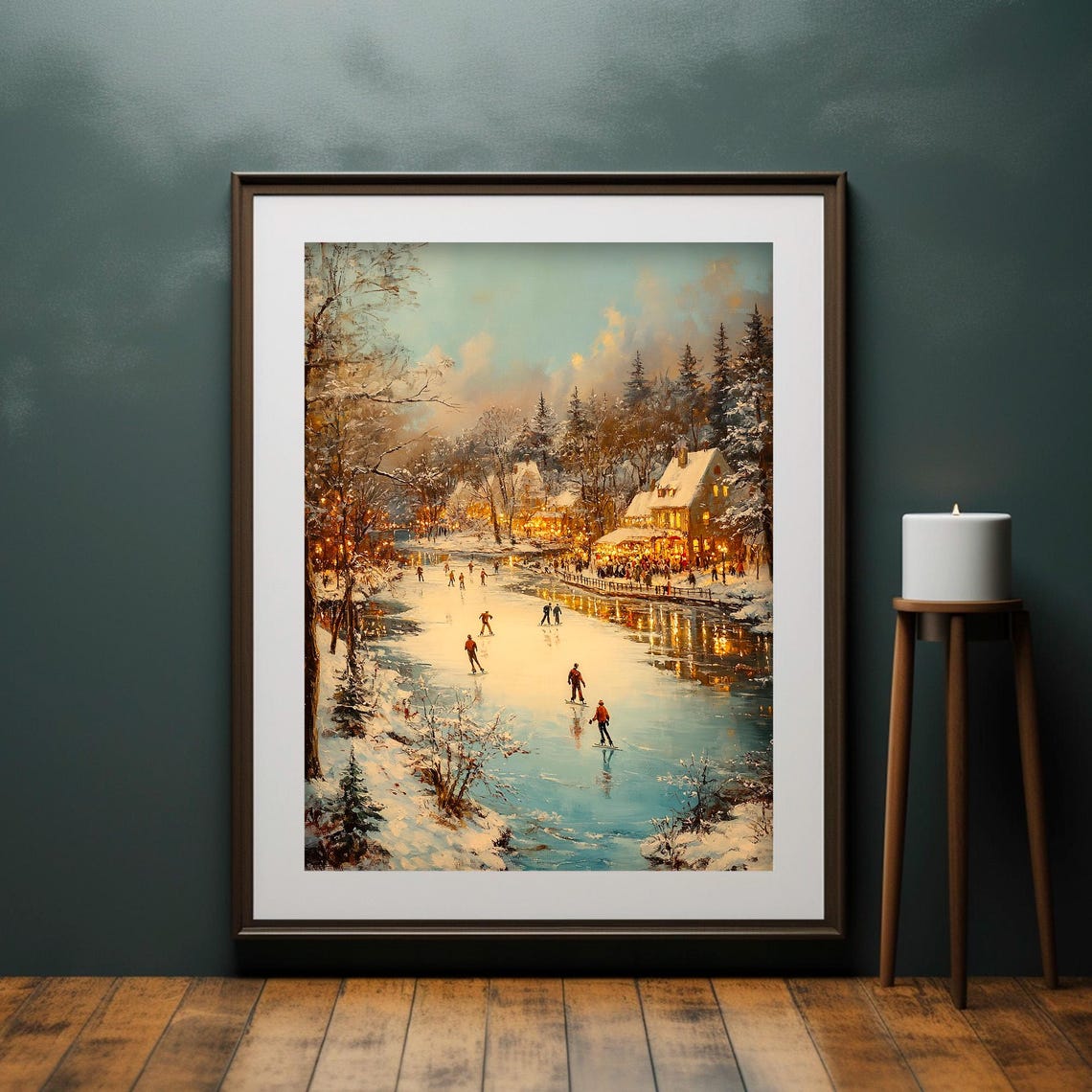Frozen River Skaters Glowing Winter Cabins Twilight Painting Poster - Image 2