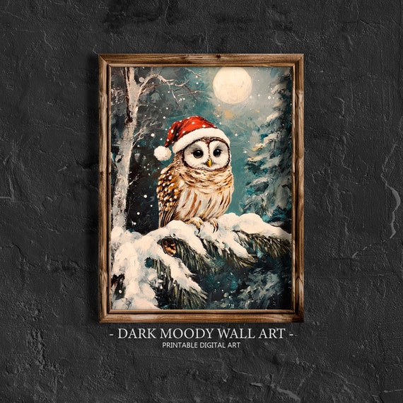 Christmas Owl On Tree Print Vintage Christmas Wall Art Winter Snowy Forest Landscape Painting Dark Moody Wall Art