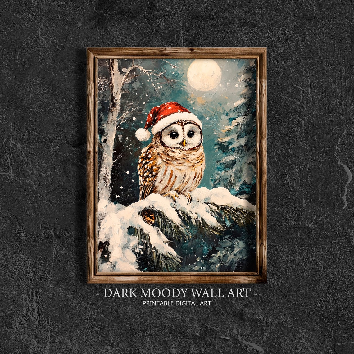 Christmas Owl Santa Hat Snowy Moonlit Forest Bird Painting Poster