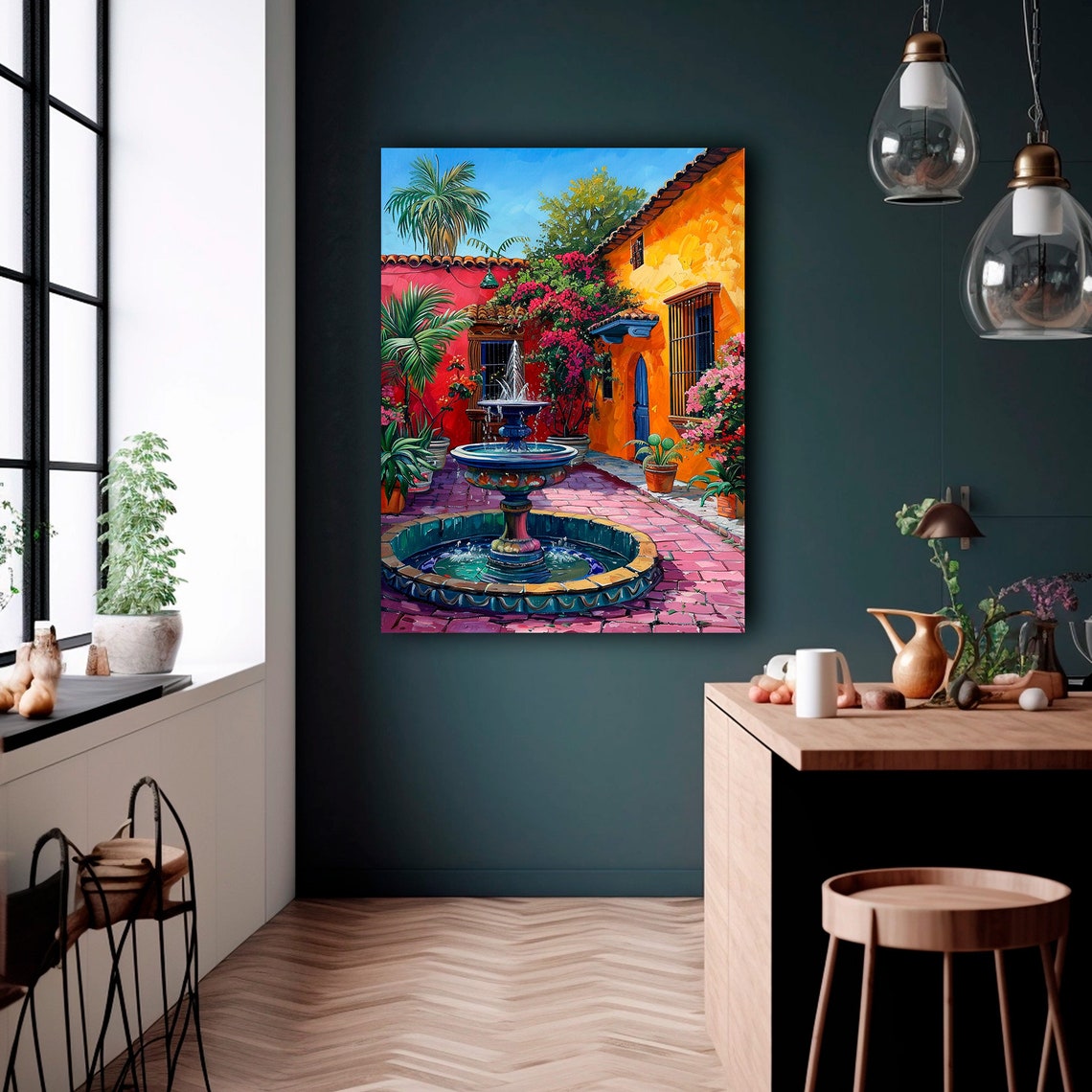 Mexican Courtyard Talavera Fountain Red Walls Palm Trees Art Poster - Image 2
