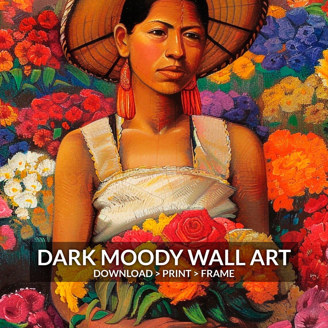 Mexican Flower Market Vendor Woman Bouquet Colorful Portrait Poster - Image 6