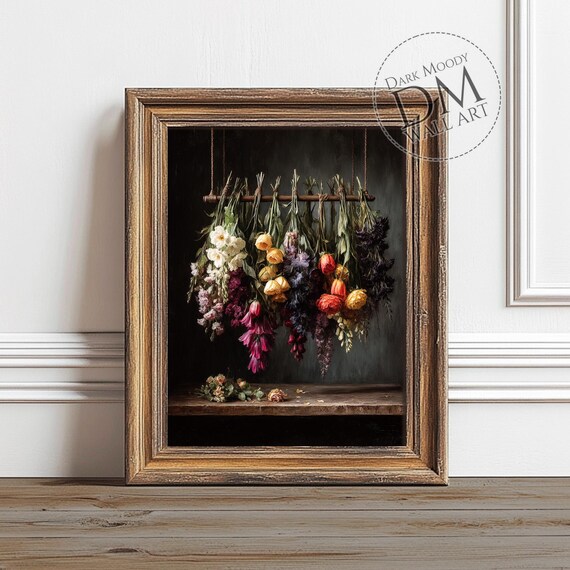 Hanging Dried Flower Bunches Rustic Dark Floral Still Life Art Poster