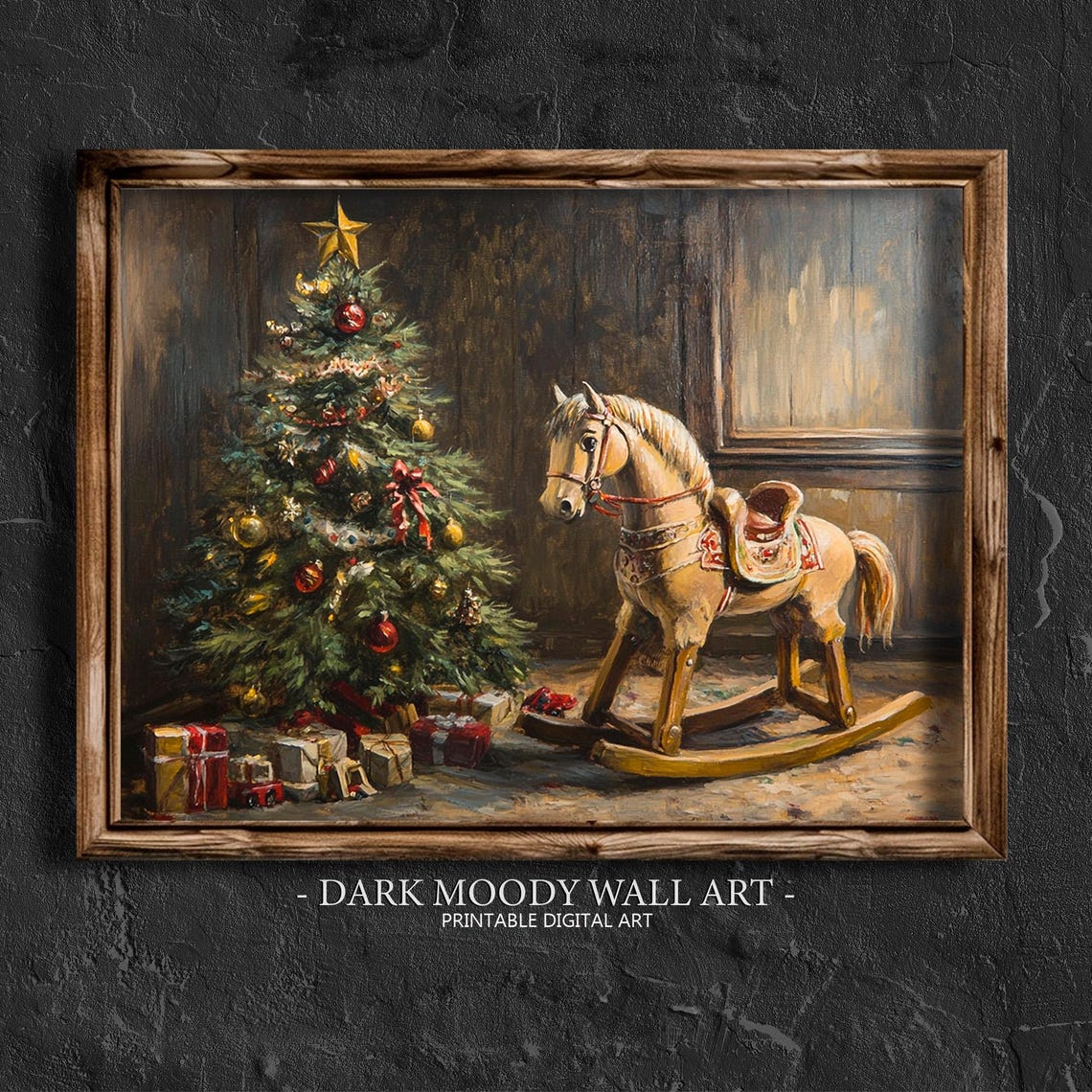 Vintage Rocking Horse Beside Decorated Christmas Tree Wall Art - Image 2