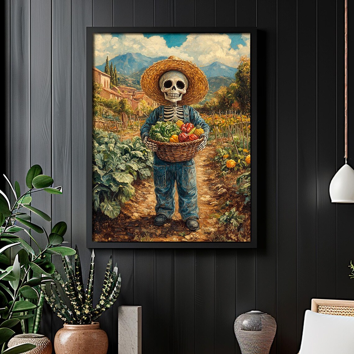 Day of the Dead Skeleton Farmer Vegetable Basket Garden Sugar Skull Folk Art Poster - Image 2