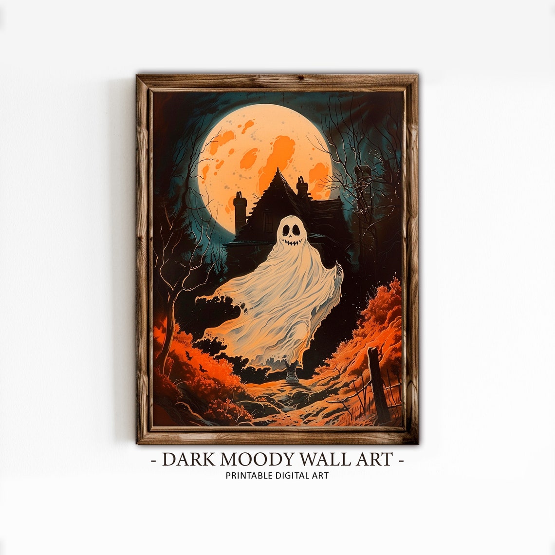Halloween Ghost Haunted House Giant Moon Spooky Orange Night Poster