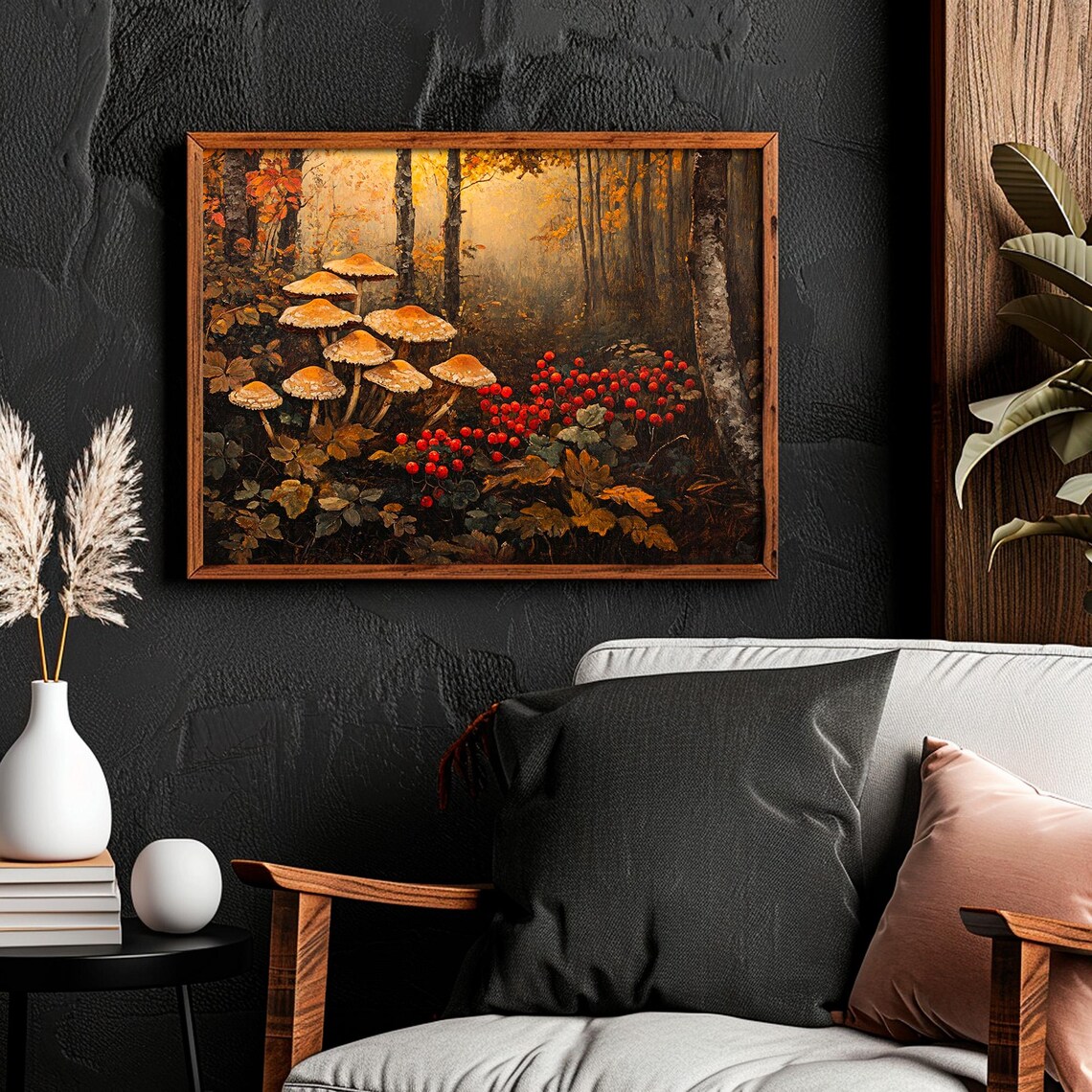 Wild Mushrooms and Red Berries in Golden Autumn Forest Oil Painting Poster - Image 5