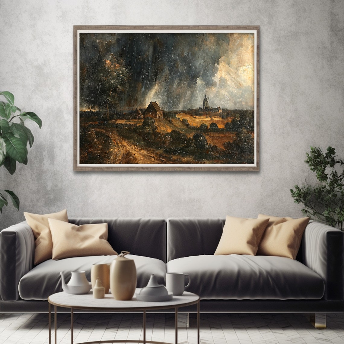Rainy Countryside Landscape Farm Village Storm Painting Poster - Image 2