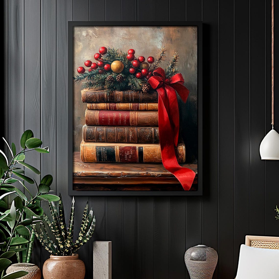 Stack of Vintage Books Tied With Red Ribbon Christmas Wall Art - Image 4