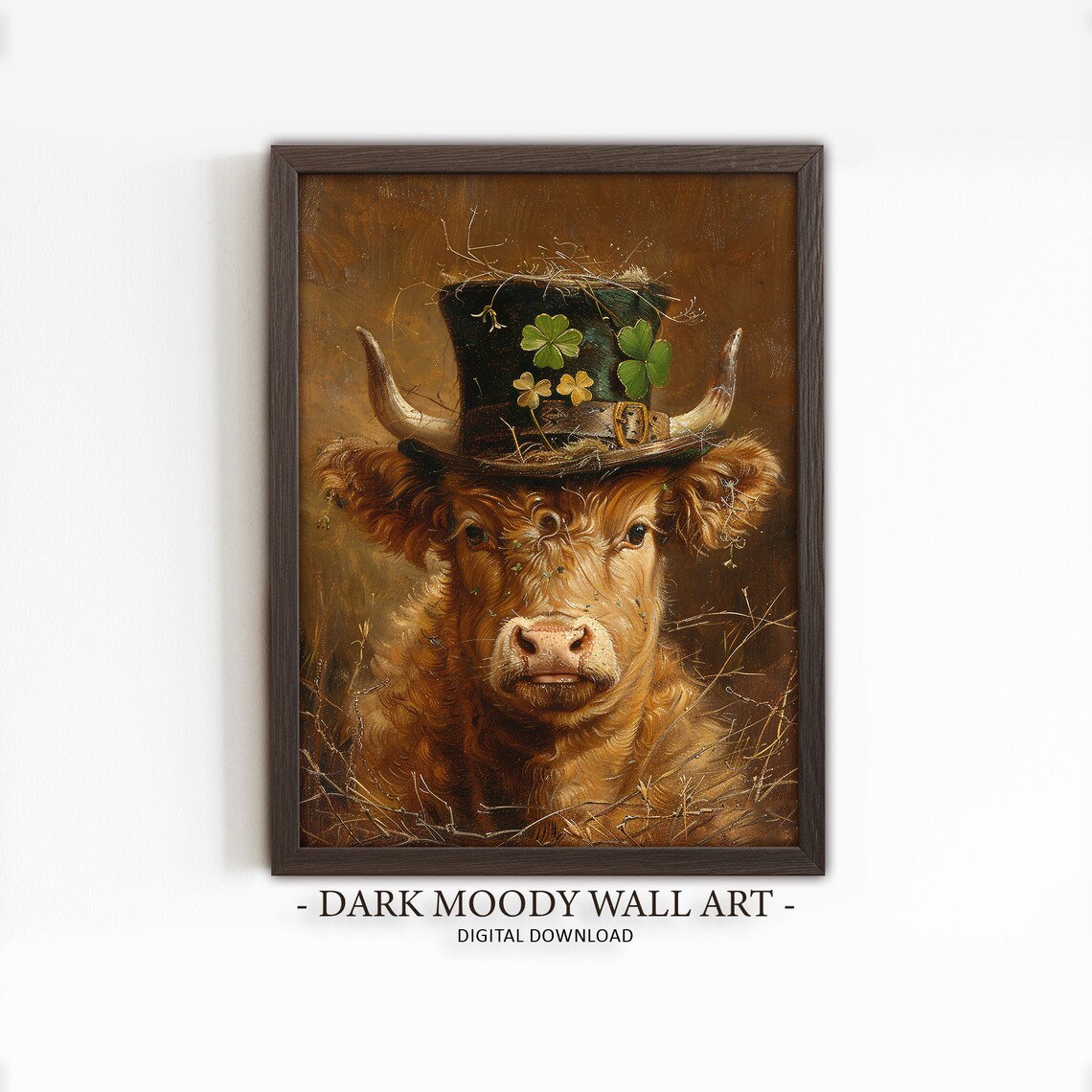 Highland Cow Wearing Leprechaun Hat With Shamrocks Irish St Patricks Day Poster